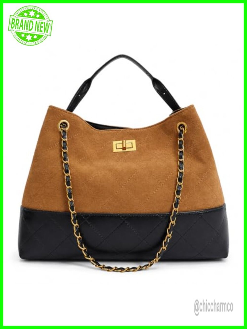 Quilted Faux Suede Leather Shoulder Bag Chain Strap Two-Tone